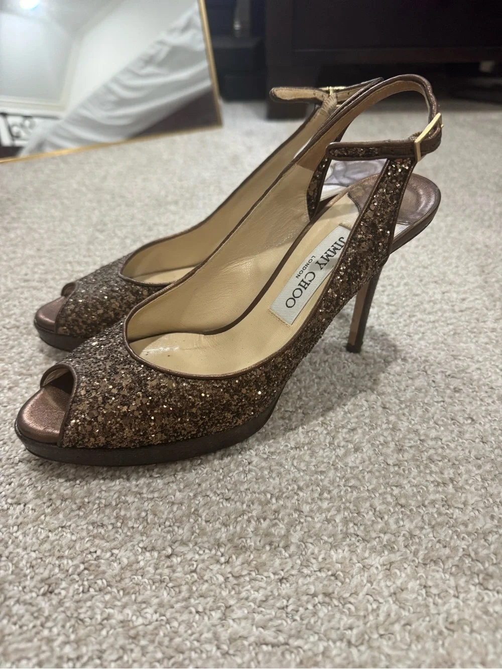 Jimmy Choo Bronze Glitter Peep-Toe Slingback Heels